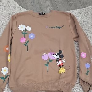 Disney Tan Sweatshirt with Mickey Mouse and Floral Accents